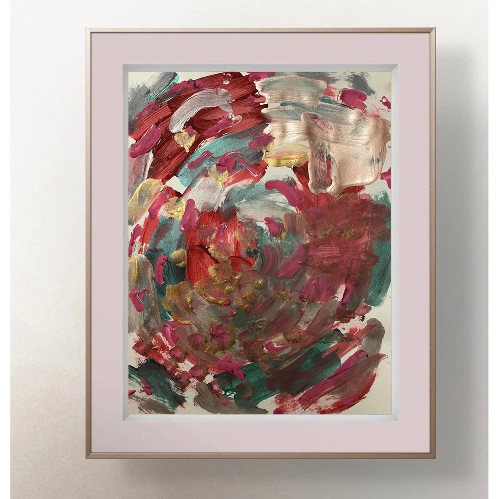 OMAN Original Abstract Painting 8x11 on Paper Red Teal Gold Metallic Wall Art